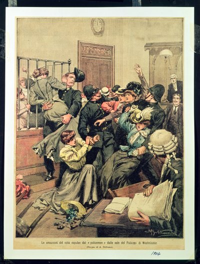 Policías expulsando a las sufragistas de una sala en el Palacio de Westminster, 1906 de Achille Beltrame